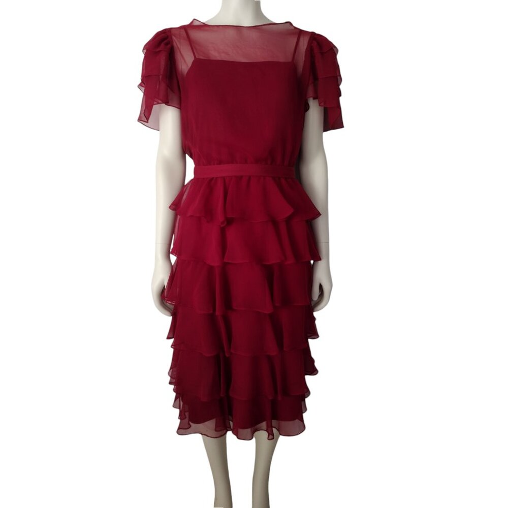 Vintage 1970s Burgundy Poly Chiffon Tiered Flutter Skirt Midi Dress Size 12